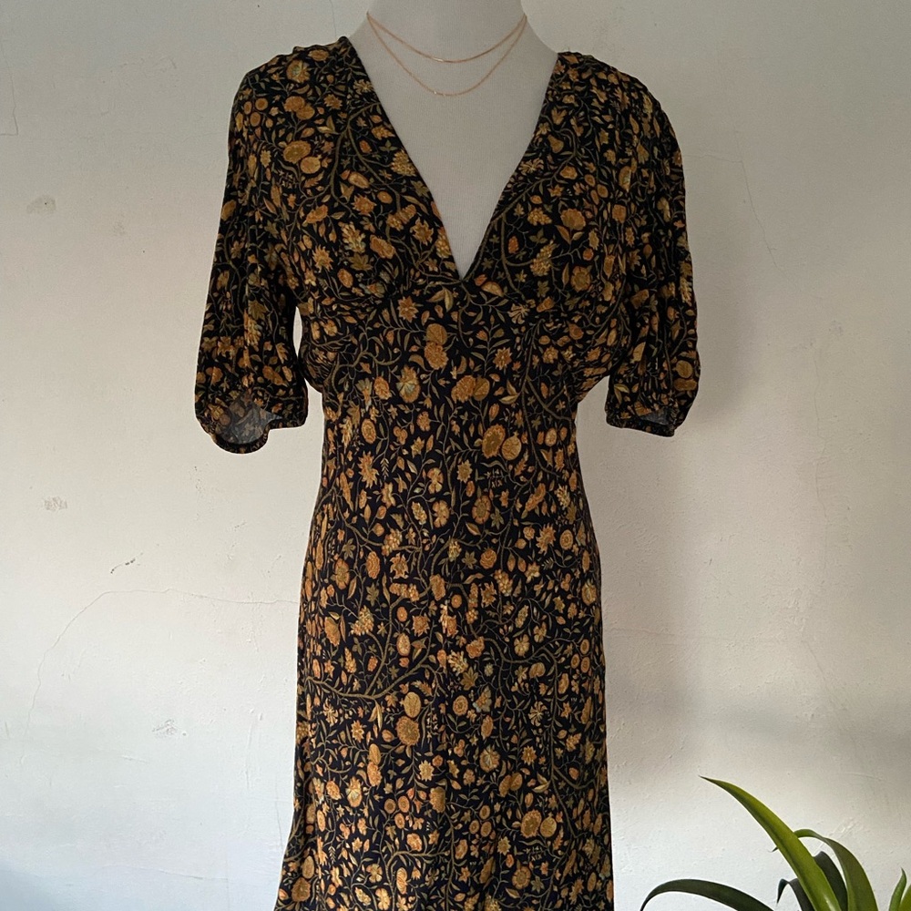 Olivaceous Black and Gold Floral Midi Dress